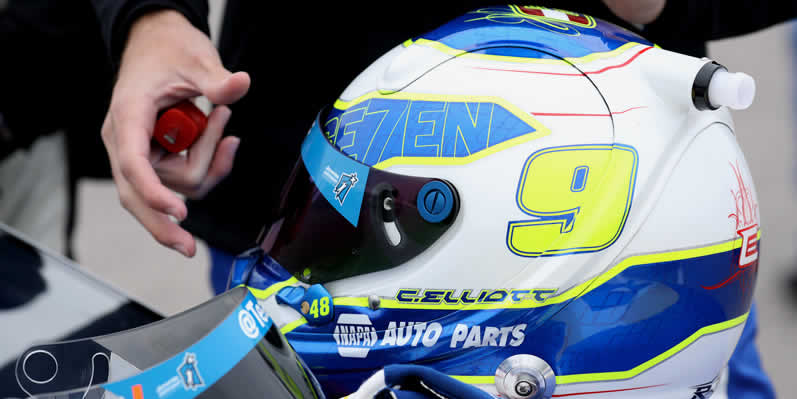 A detail of the helmet worn by Chase Elliott