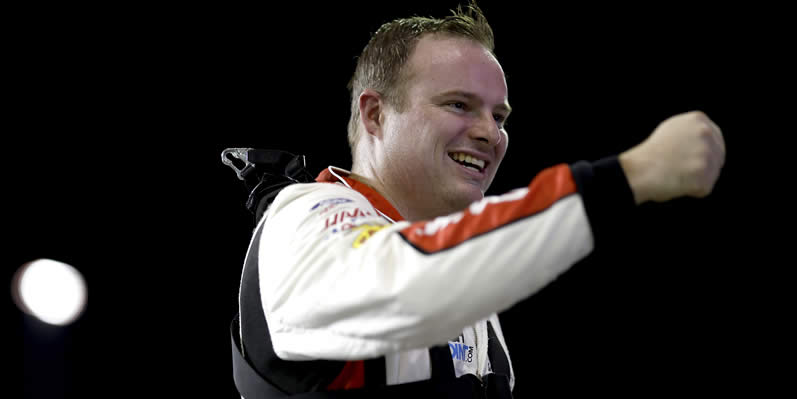 Cole Custer reacts after winning the pole