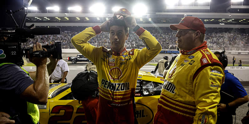  Joey Logano reacts after the Cook Out 400