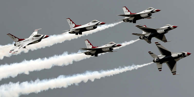 The U.S. Air Force Thunderbirds perform a flyover at Daytona International Speedway