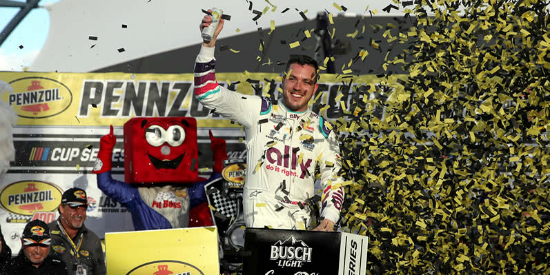  Alex Bowman celebrates in victory lane