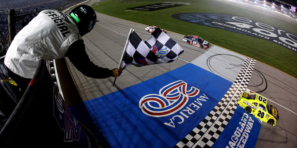 Brandon Jones takes the checkered flag to win at Chicagoland Speedway