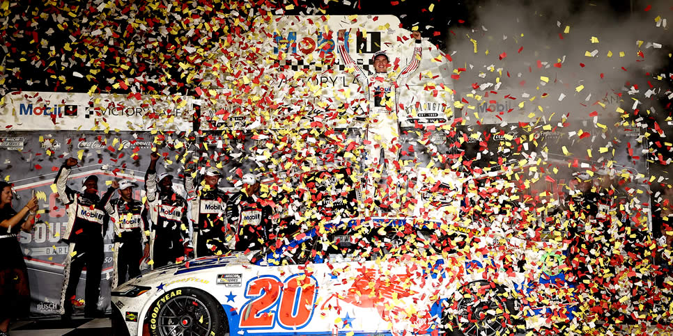Christopher Bell celebrates in victory lane after winning the Southern 500
