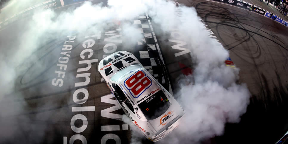 Connor Zilisch celebrates with a burnout after winning the Nu Way 200
