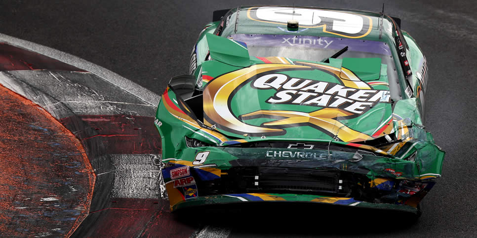 Daniel Suárez battered #9 Quaker State Chevy