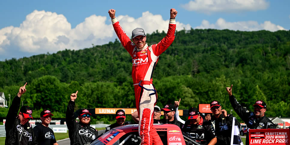 Grant Enfinger celebrates after winning at Lime Rock Park