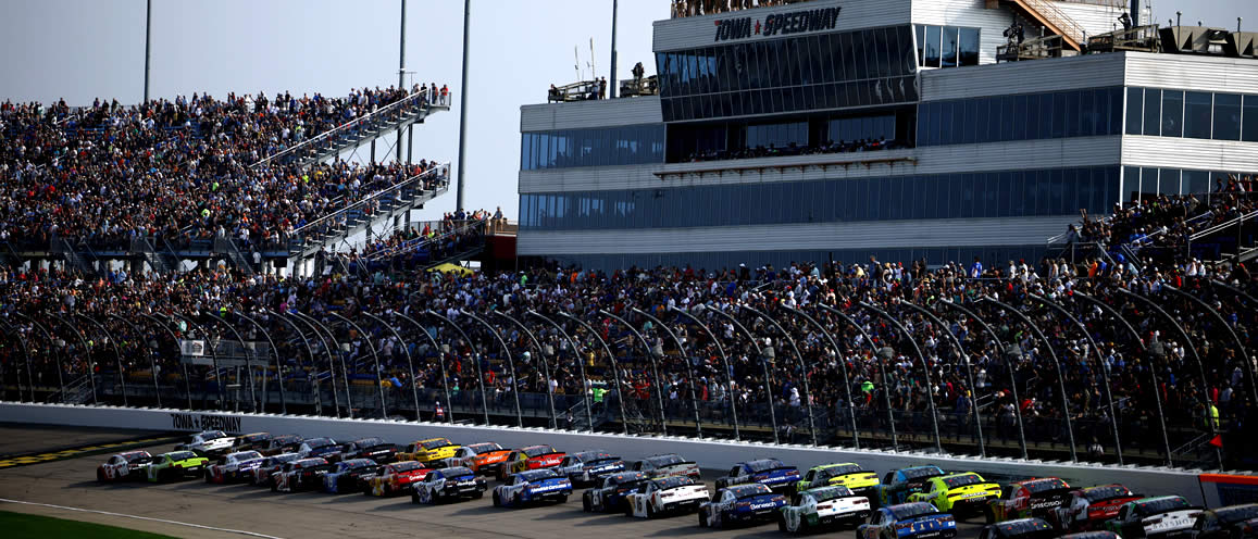 A general view of racing during the NASCAR Xfinity Series HyVee Perks 250 at Iowa Speedway