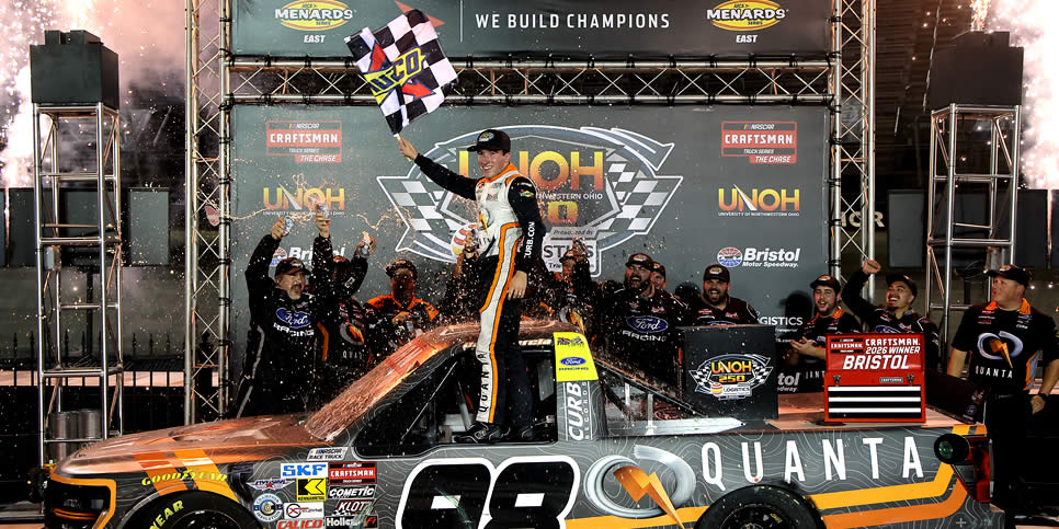 Jake Garcia celebrates in victory lane after winning the UNOH 250