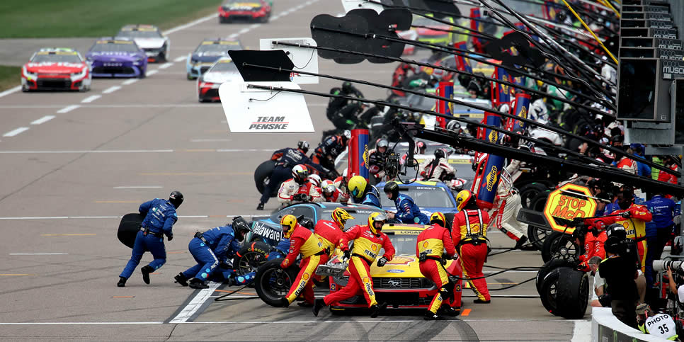 Joey Logano pits during the NASCAR Cup Series Hollywood Casino 400