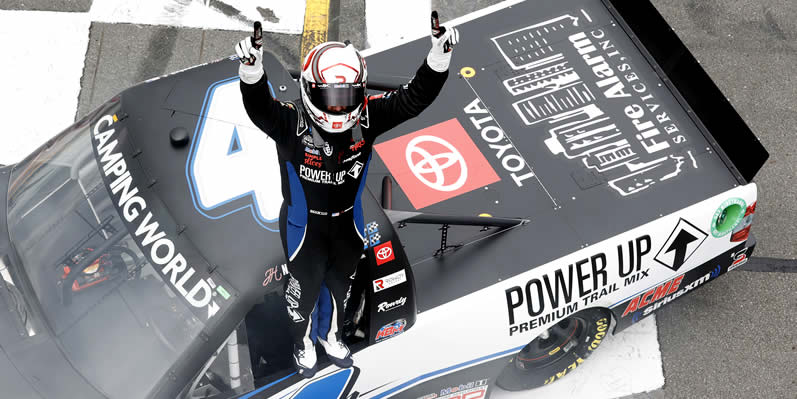 John Hunter Nemechek celebrates after winning