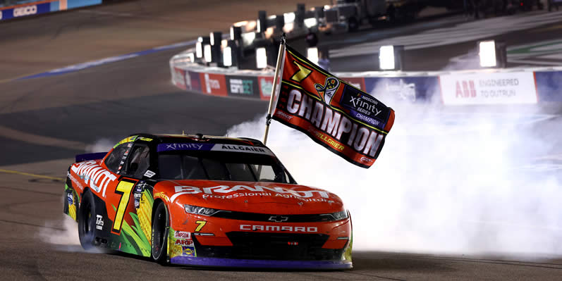 Justin Allgaier celebrates with a burnout