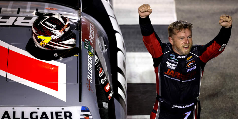 Justin Allgaier celebrates after winning at EchoPark Speedway