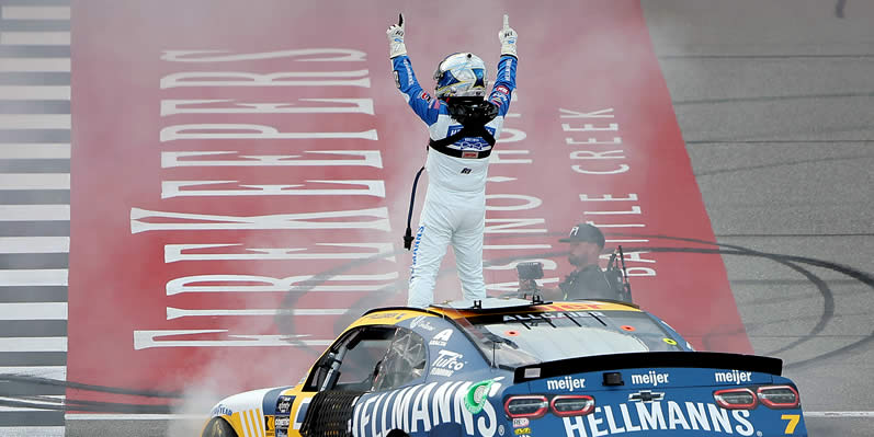 Justin Allgaier celebrates after winning