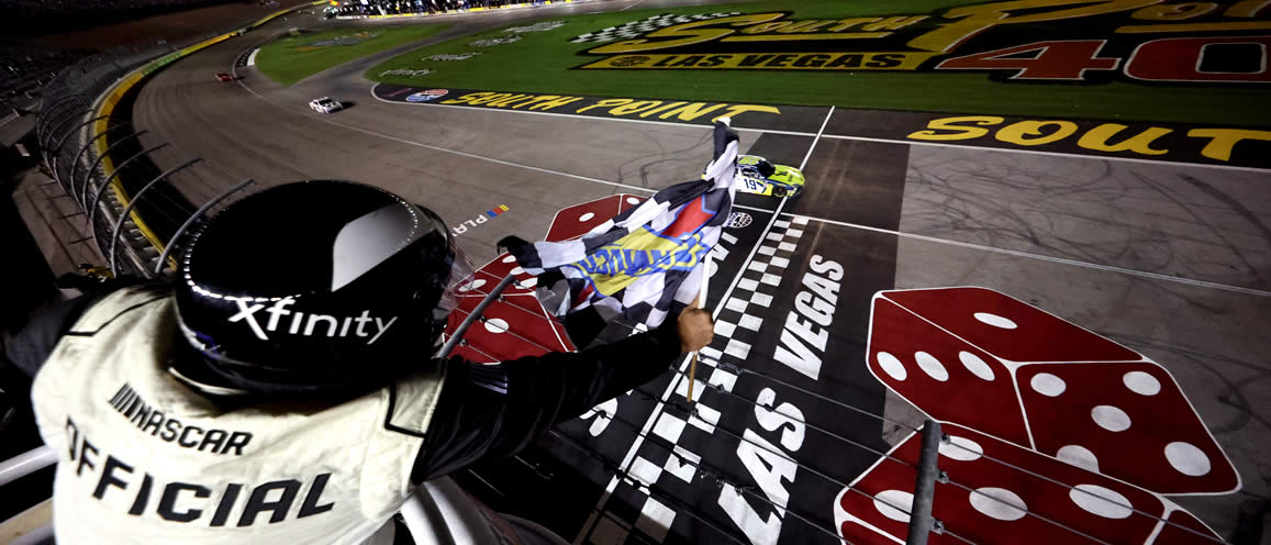 Aric Almirola takes the checkered flag to win at Las Vegas Motor Speedway