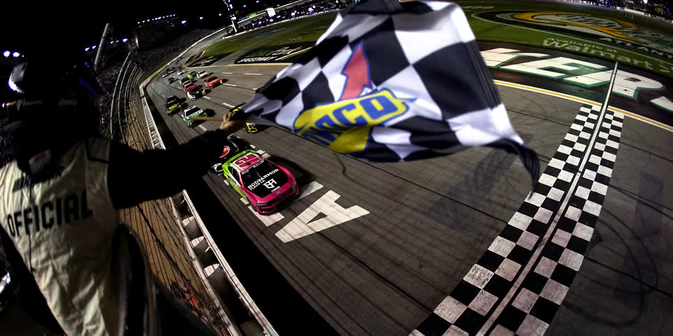 Ryan Blaney takes the checkered flag to win at EchoPark Speedway