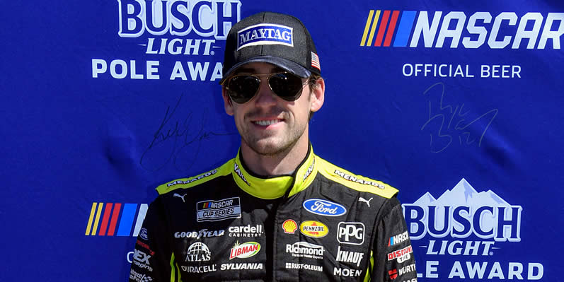 Ryan Blaney poses for photos after winning the pole award