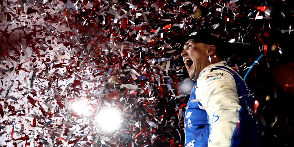 Ryan Preece celebrates in victory lane after winning theCoke Zero Sugar 400