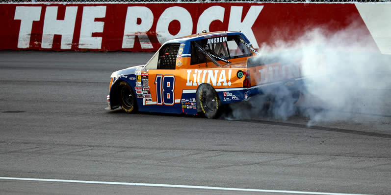 Tyler Ankrum celebrates with a burnout